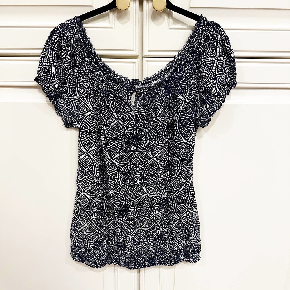 Lucky Brand Women’s Navy Cotton Patterned Bohemian Style Peasant Blouse Top
